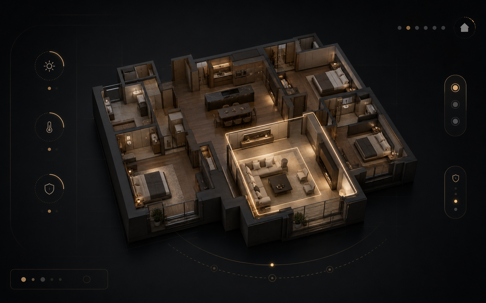 3D 세대 평면도에서 거실을 선택해 조명과 환경 상태를 확인하는 Smart MapView